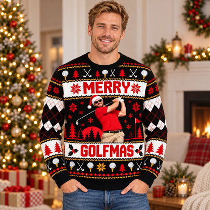 Custom Golf Photo Christmas Sweatshirt, Festive Merry Golfmas Ugly Sweater Design, Unique Holiday Gift for Golfers