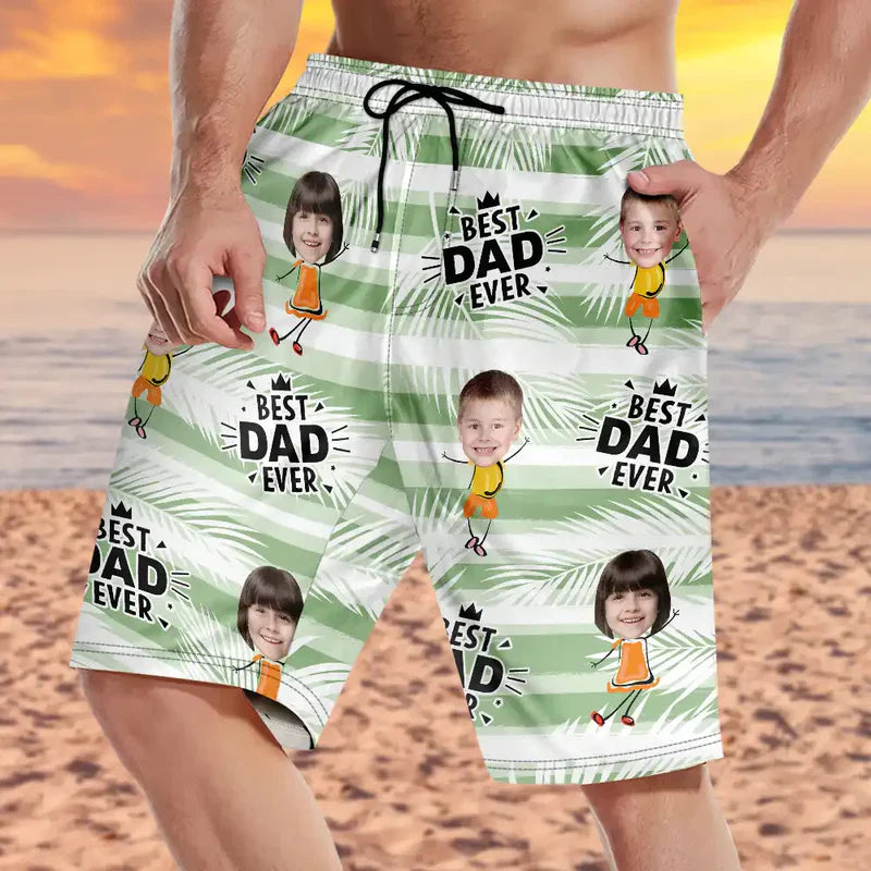 Best Dad Grandpa Ever Personalized Men's Beach Shorts, Custom Photo Gift for Dad with Playful Kid Cartoon Print