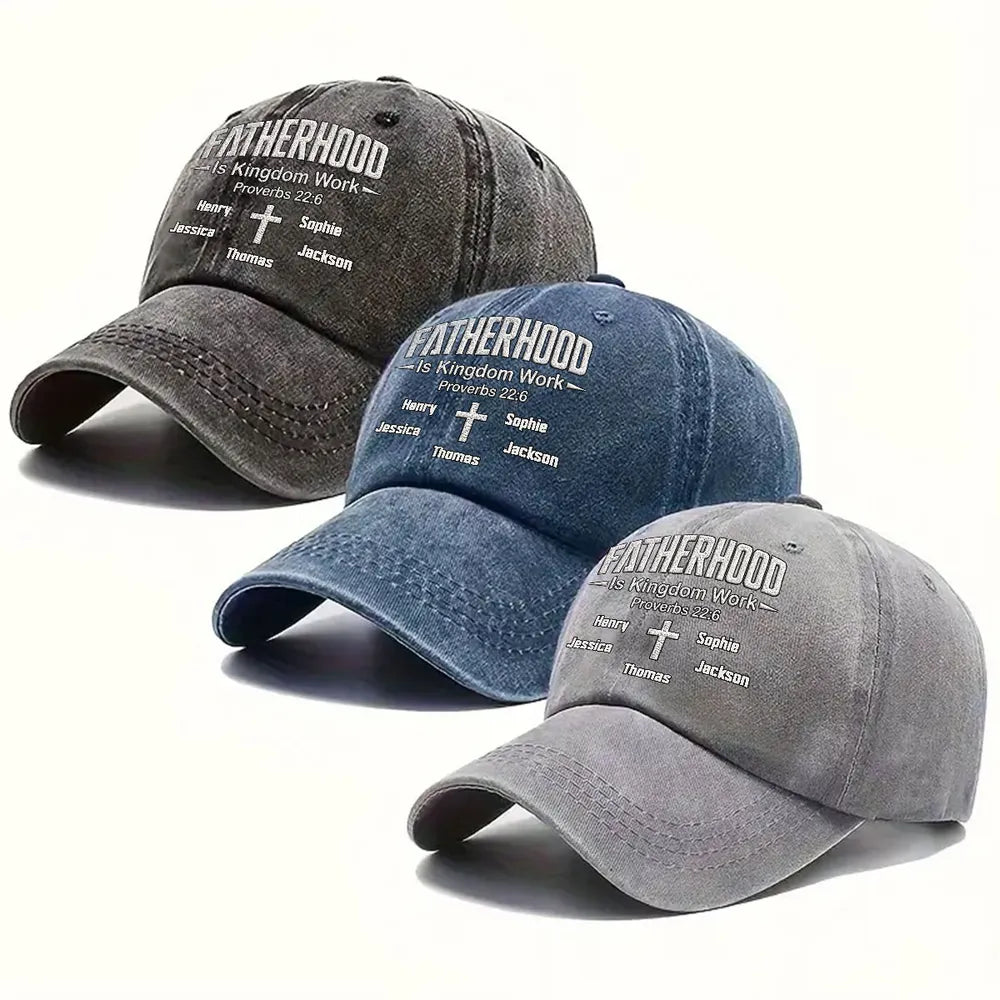 Personalized Washed Denim Baseball Cap, Fatherhood Is Kingdom Work, Unique Gift for Dad