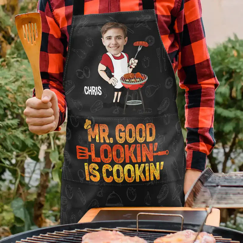 Personalized Photo Waterproof 4-Pocket Apron, Mr. Good Lookin' Is Cookin' Unique Grill Gift for Dad