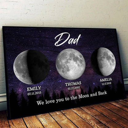 Dad We Love You to the Moon and Back Personalized Moon Phase Poster, Starry Night Gift for Dad