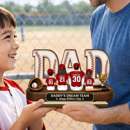 Baseball Daddy's Dream Team Wooden Plaque with Back View Family, Creative Gift for Dad & Baseball Fans