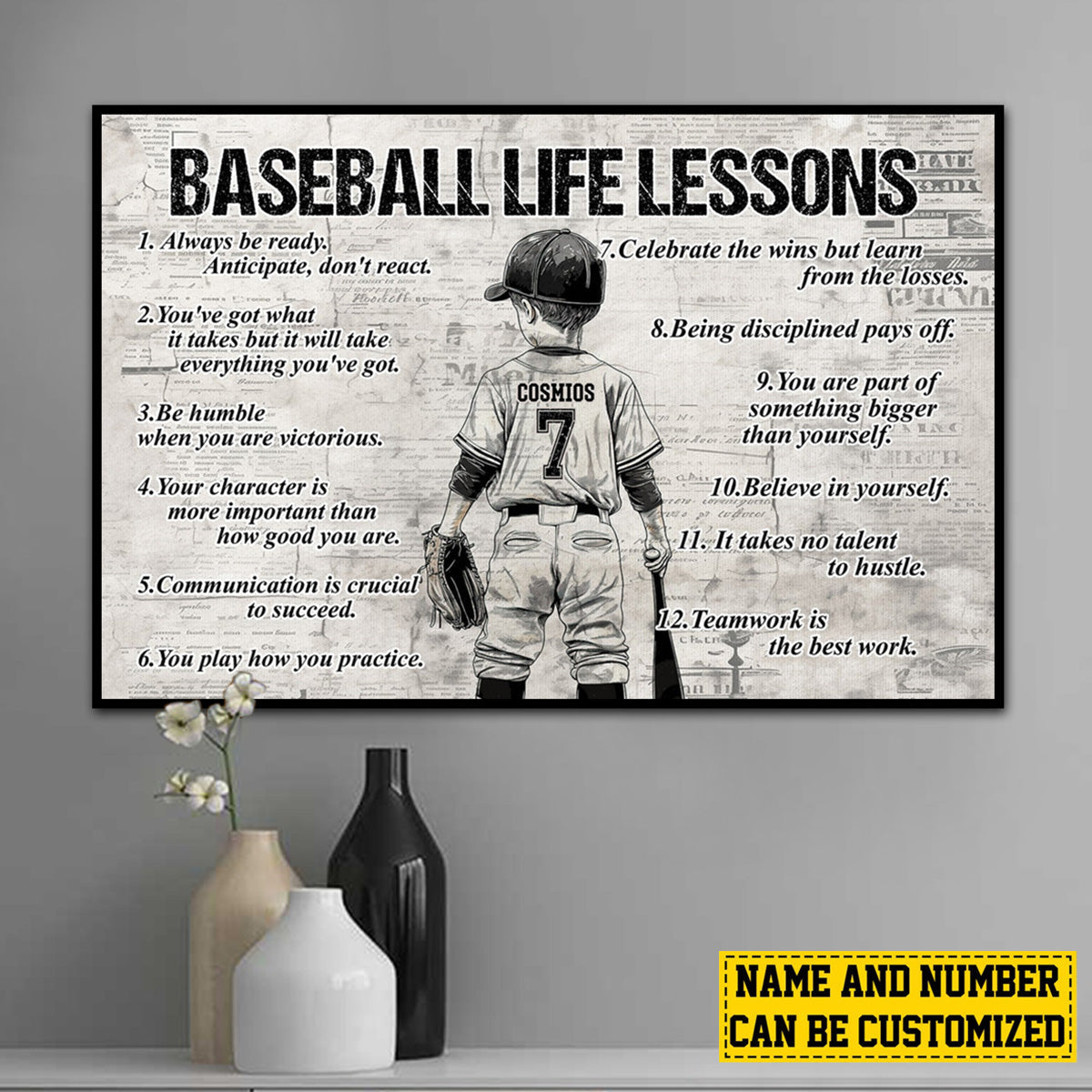 Back-View Baseball Kid Canvas, Motivational Wall Art, Unique Creative Gift for Young Athlete