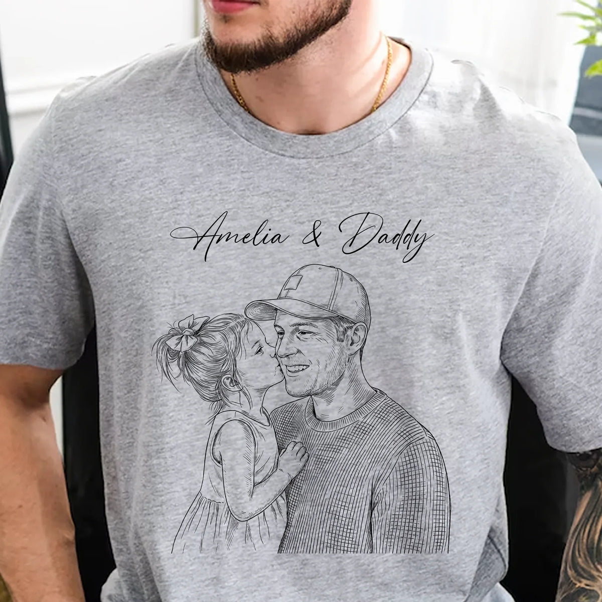Custom Photo Sketch Classic Tee, Heartwarming Parent & Child Moment, Creative Gift for Husband or Dad