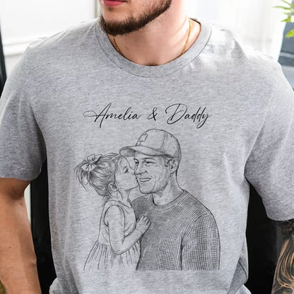 Custom Photo Sketch Classic Tee, Heartwarming Parent & Child Moment, Creative Gift for Husband or Dad