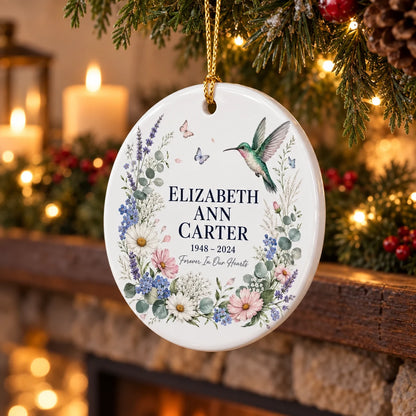 Personalized Memorial Ornament, Forever In Our Hearts Floral Keepsake, Custom Christmas Tree Decoration Gift for Loved Ones