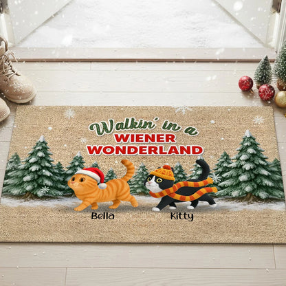 Personalized Standard Doormat with Cute Cats, Winter Wonderland Scene, Unique Holiday Gift for Pet Lovers
