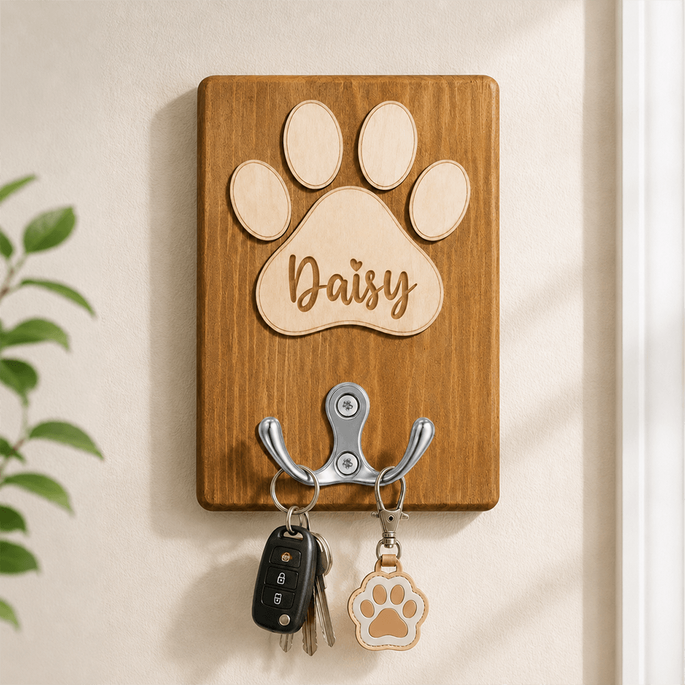 Personalized Wooden Pet Leash Holder with Paw Print Design, Custom Dog Leash Hook for Entryway Decor & Pet Lover Gift
