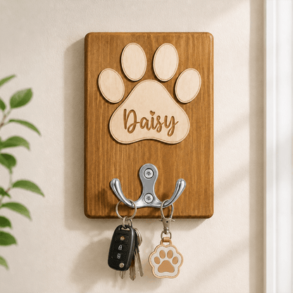 Personalized Wooden Pet Leash Holder with Paw Print Design, Custom Dog Leash Hook for Entryway Decor & Pet Lover Gift