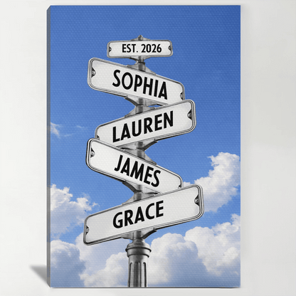 Custom Signpost Names Poster with Bright Blue Sky Vibe, Meaningful Family Memorabilia Gift for Mom