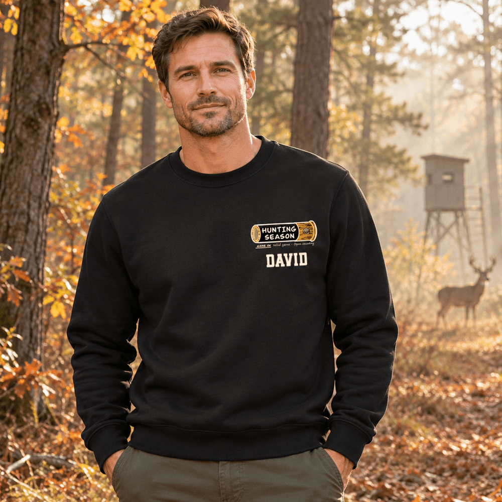 Personalized Dual Print Sweatshirt with Hunting Season Wildlife Art, Unique Gift for Hunters