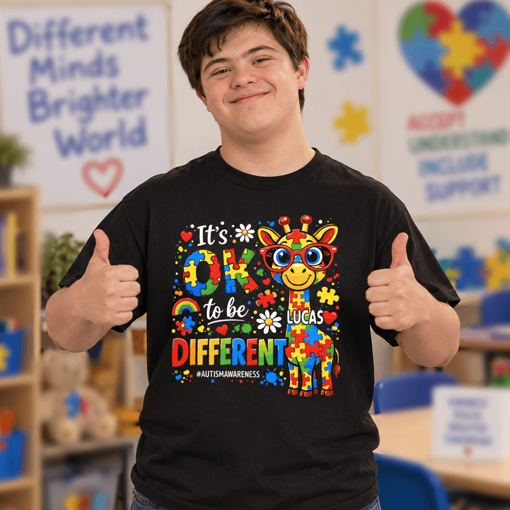Personalized Autism Awareness Giraffe Shirt, It’s OK to Be Different, Custom Name Gift for Kids & Family