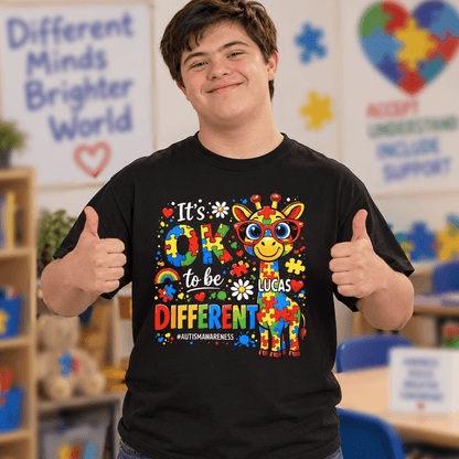 Personalized Autism Awareness Giraffe Shirt, It’s OK to Be Different, Custom Name Gift for Kids & Family