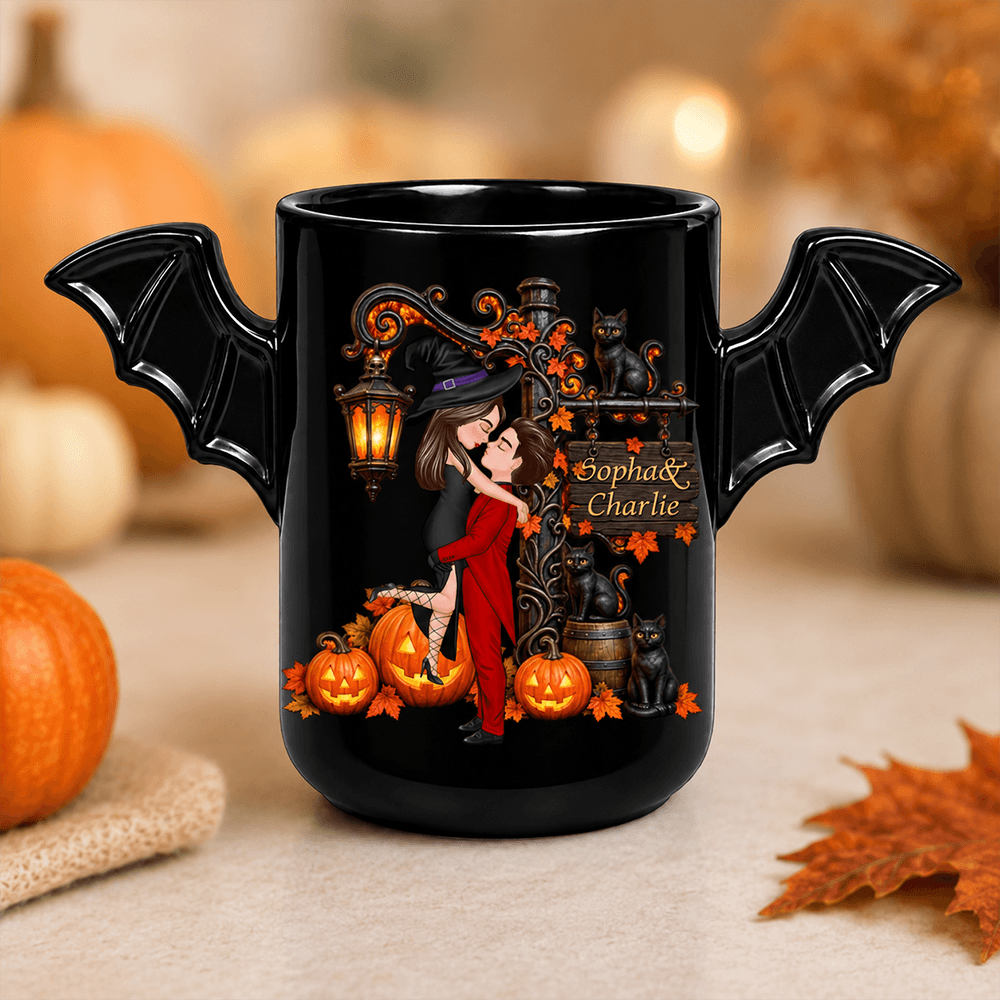Personalized Halloween Couple Gift – Custom Name Bat Wing Ceramic Mug or Two-Layer Wooden Plaque