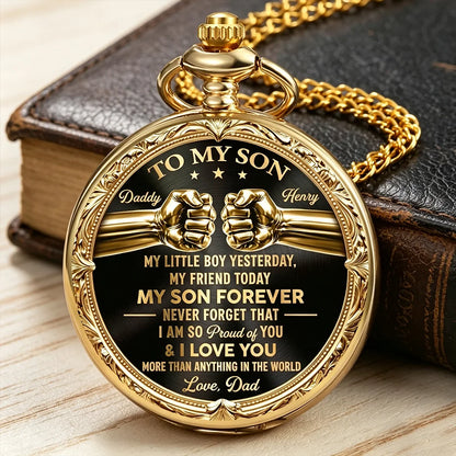 Personalized Pocket Watch with Father Son Fist Bump, Black and Gold Unique Gift from Dad