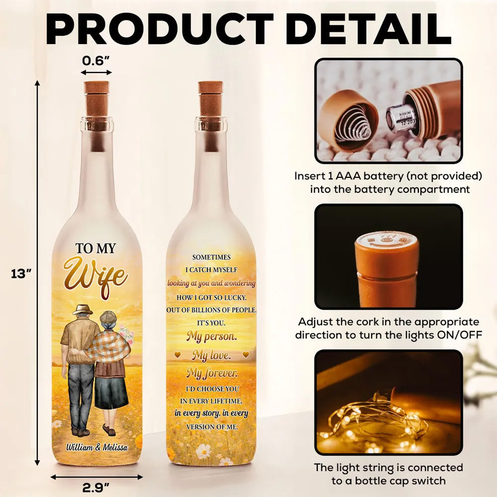 How Lucky I Am Personalized Bottle Lamp, Cozy Warm Glow Night Light with Sunset Couple Art, Thoughtful Gift for Wife