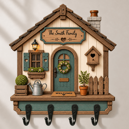 Personalized Family Cottage Wooden Key Holder, Custom Name Welcome Home Wall Decor, Housewarming Gift for Couples