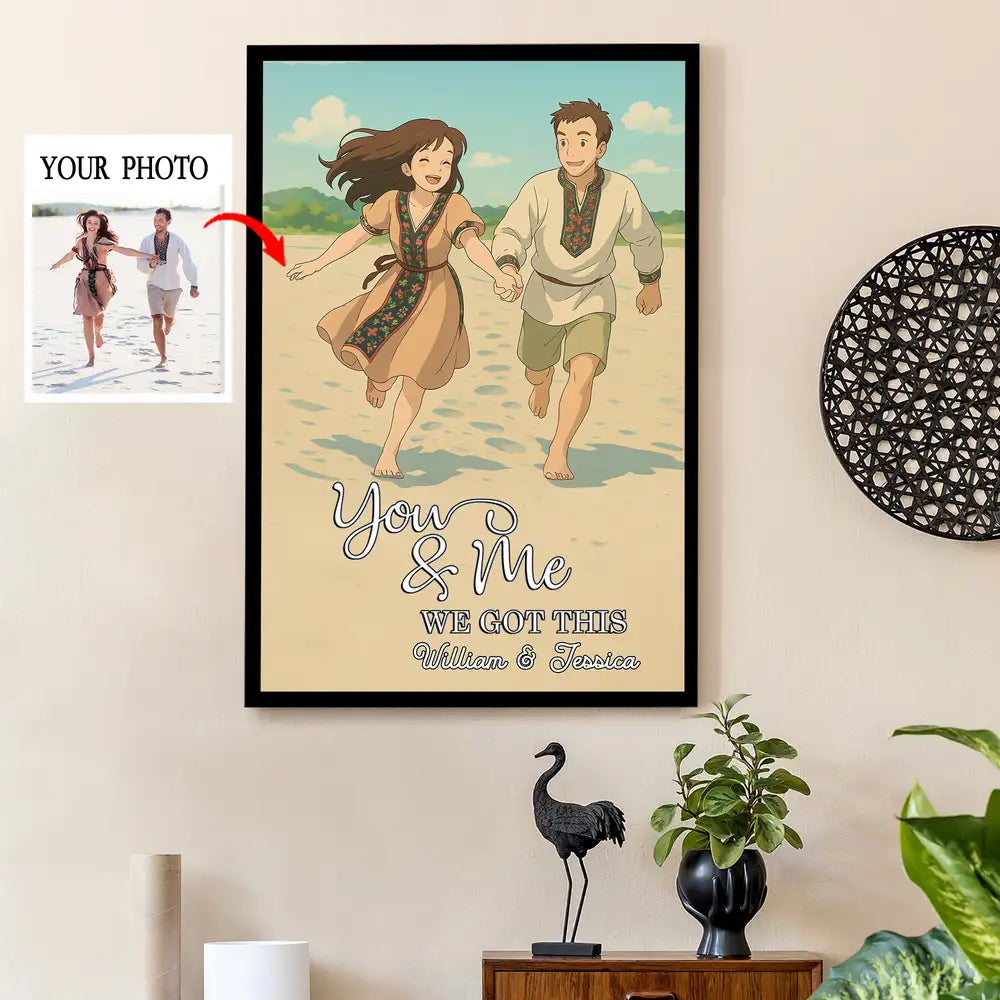 Custom Photo-to-Cartoon Poster – “You & Me, We Got This” Beach Illustration, Upload Photo & Names