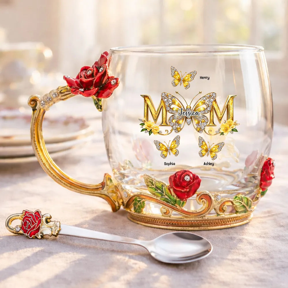 Personalized Enamel Flower Tea Cup with Butterfly Mom Monogram, Unique Gift for Mom, Warm Everyday Tea Moment