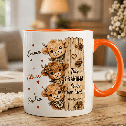 Personalized Highland Cow Mug for Grandma, Custom Grandkids Names, This Grandma Loves Her Herd Gift