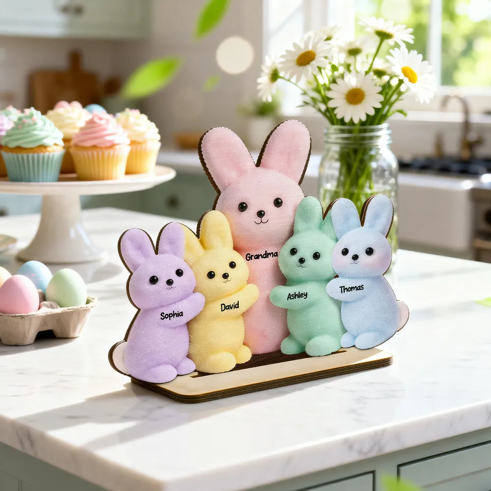 Personalized 2-Layer Wooden Plaque with Grandma & Grandkids Bunnies, Pastel Easter Table Decor, Unique Gift for Grandma