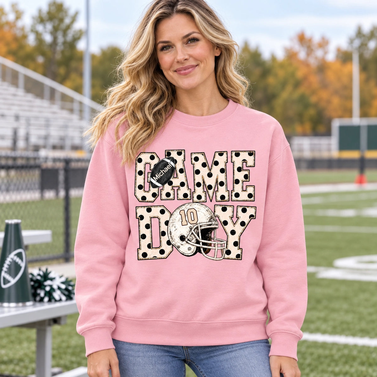 Personalized Game Day Shirt, Sweatshirt, Classic Tee or Hoodie, Custom Name & Number Football Polka Dot Design