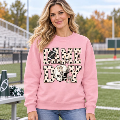 Personalized Game Day Shirt, Sweatshirt, Classic Tee or Hoodie, Custom Name & Number Football Polka Dot Design