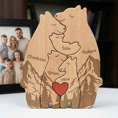 Personalized Wooden Bear Family Puzzle With Mountain Scene, Unique Father's Day Gift For Dad, Heartwarming Keepsake Decor