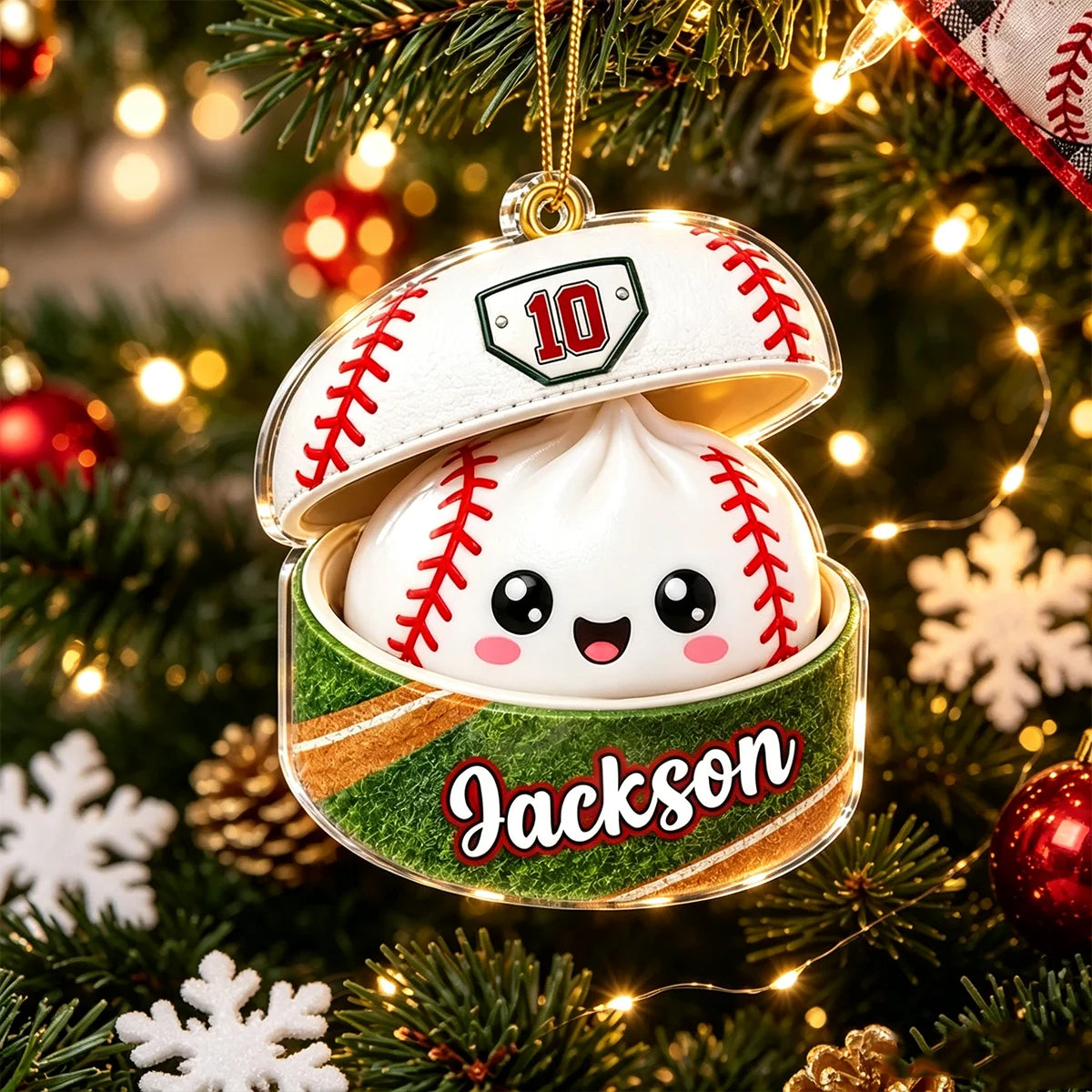 Acrylic Ornament, Smiling Baseball Dumpling on a Lit Christmas Tree, Personalized Creative Gift for Kids and Grandkids