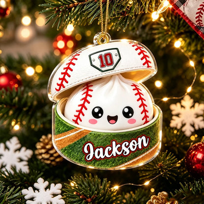 Acrylic Ornament, Smiling Baseball Dumpling on a Lit Christmas Tree, Personalized Creative Gift for Kids and Grandkids