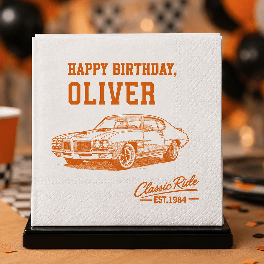 Personalized Retro Car Napkins, Custom Birthday Table Decor, Unique Gift for a Car Enthusiast