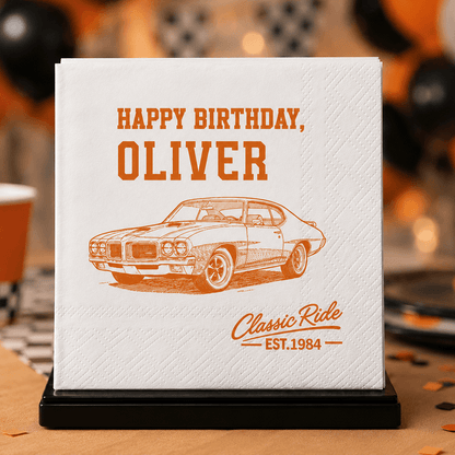 Personalized Retro Car Napkins, Custom Birthday Table Decor, Unique Gift for a Car Enthusiast