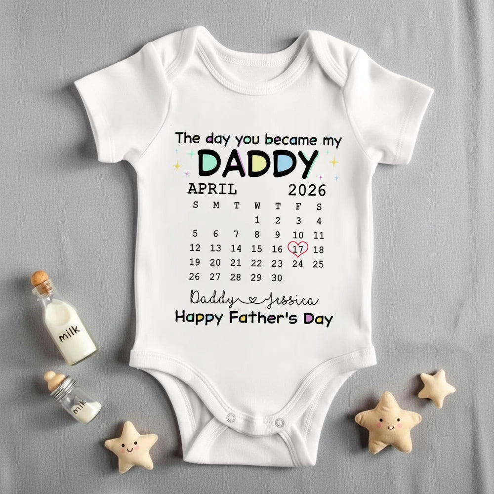 Short Sleeve Baby Onesie with Daddy Calendar Print, Unique Father's Day Gift for New Dad