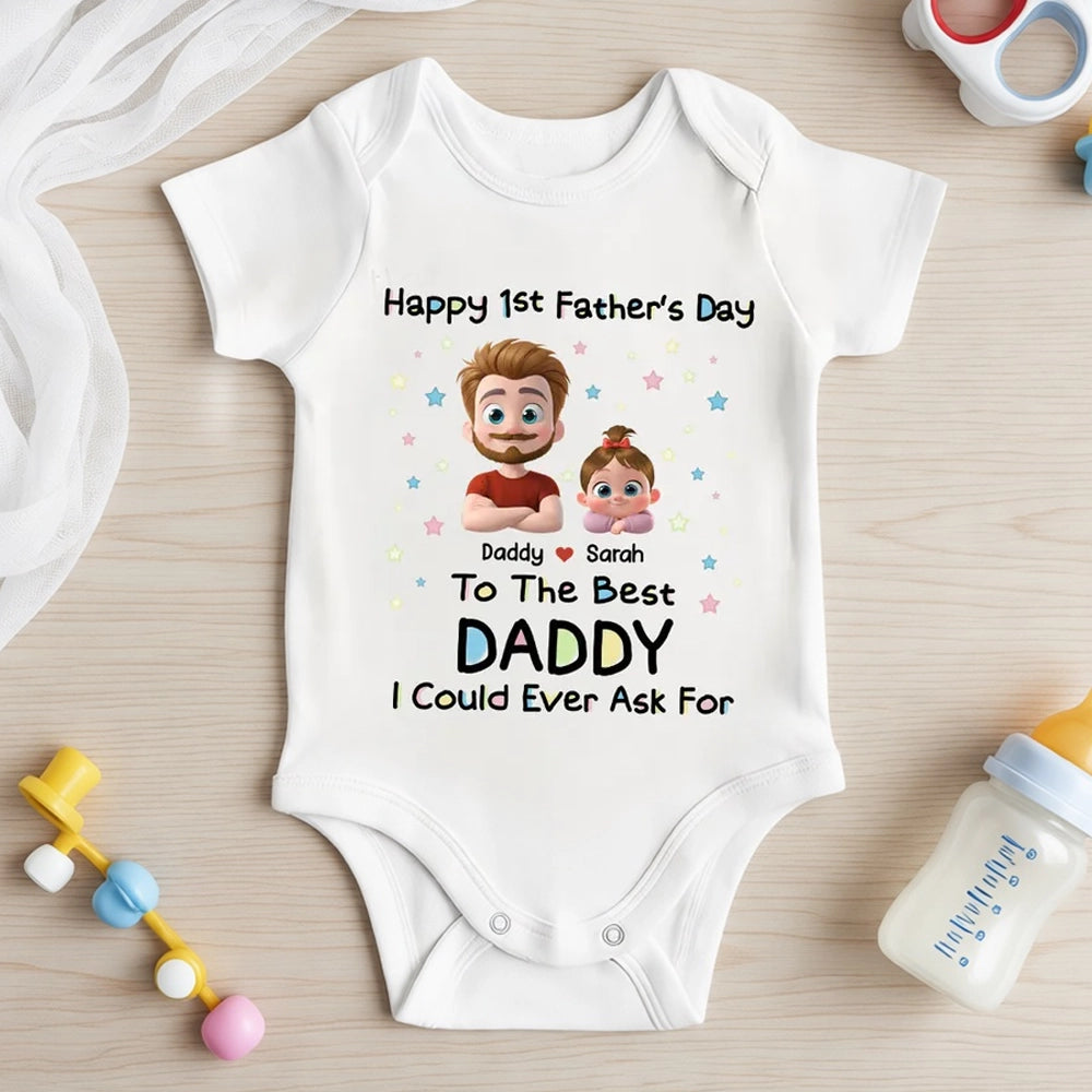 Personalized Short Sleeve Baby Onesie with Cartoon Daddy & Baby, Unique Gift for Dad's First Father's Day