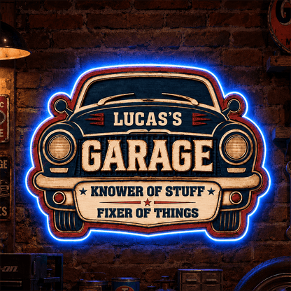 Personalized Garage LED Sign, Fixer of Things Custom Name Sign, Unique Gift for Car Lovers & Mechanics