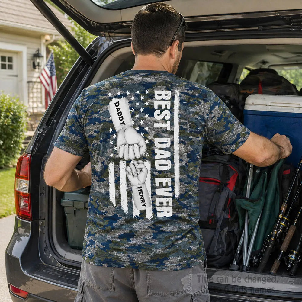 Best Dad Ever Printed Classic Tee with Daddy Fist Bump, Camo Flag Style, Creative Gift for Dad