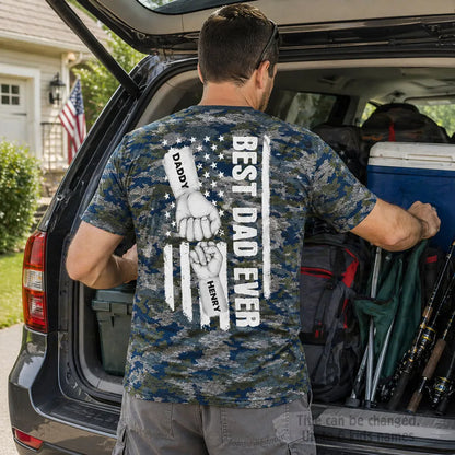 Best Dad Ever Printed Classic Tee with Daddy Fist Bump, Camo Flag Style, Creative Gift for Dad
