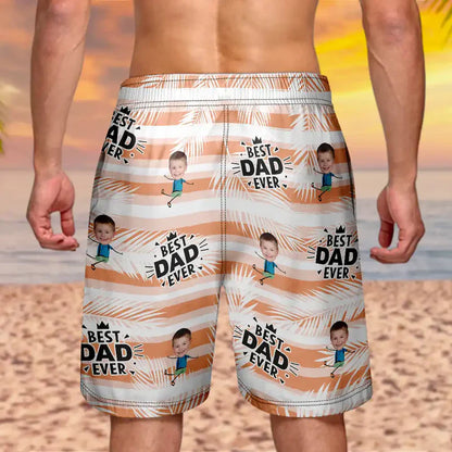 Best Dad Grandpa Ever Personalized Men's Beach Shorts, Custom Photo Gift for Dad with Playful Kid Cartoon Print