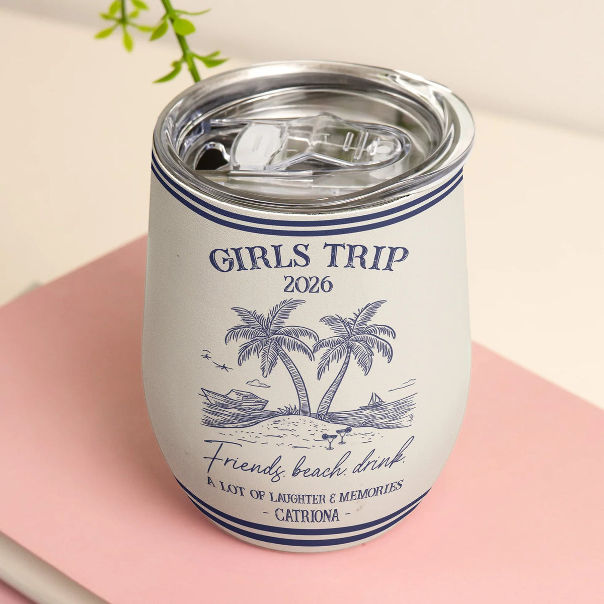 Personalized Girls Trip Beach Eggshell Cup, Palm Island Line Art, Unique Friend Group Gift For Summer Sipping