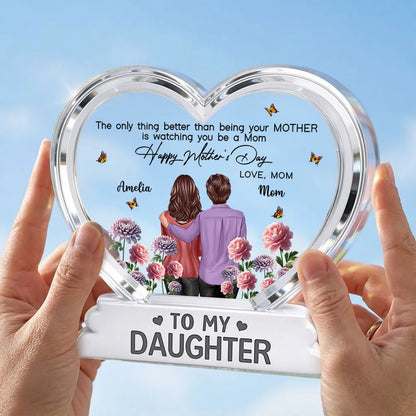 Shaped Acrylic Block Plaque Personalized Keepsake - Mother and Daughter Back Hug, Floral Heart Decor, Creative Gift