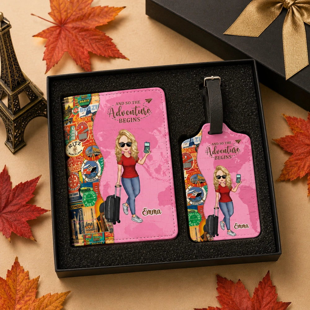 Custom Name Travel Essentials - Available as Passport Cover, Leather Luggage Tag, or Full Set. 3 Personalized Styles