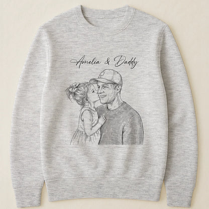 Custom Photo Sketch Classic Tee, Heartwarming Parent & Child Moment, Creative Gift for Husband or Dad