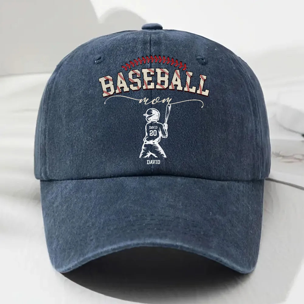 Personalized Washed Denim Baseball Cap, Baseball Mom Vintage Look Hat for Game Days, Unique Custom Gift for Mom