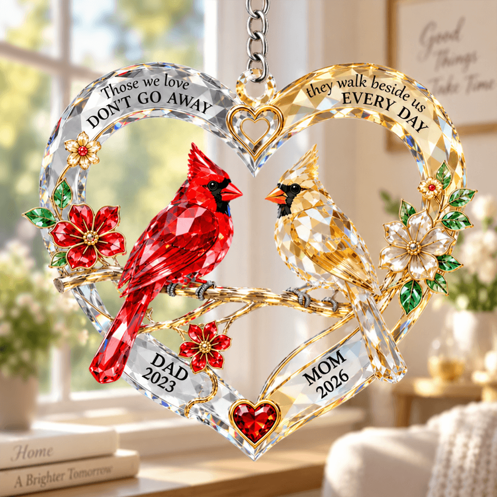 Personalized Cardinal Memorial Acrylic Ornament with Names & Years, Heart-Shaped Window Hanging, Sympathy Gift