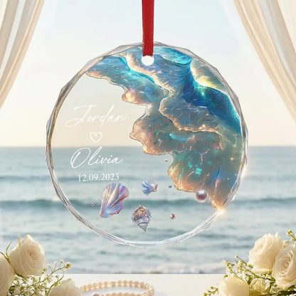 Custom Crystal Ornament for Couple, Romantic Coastal Keepsake with Wedding Portrait Look, Creative Gift