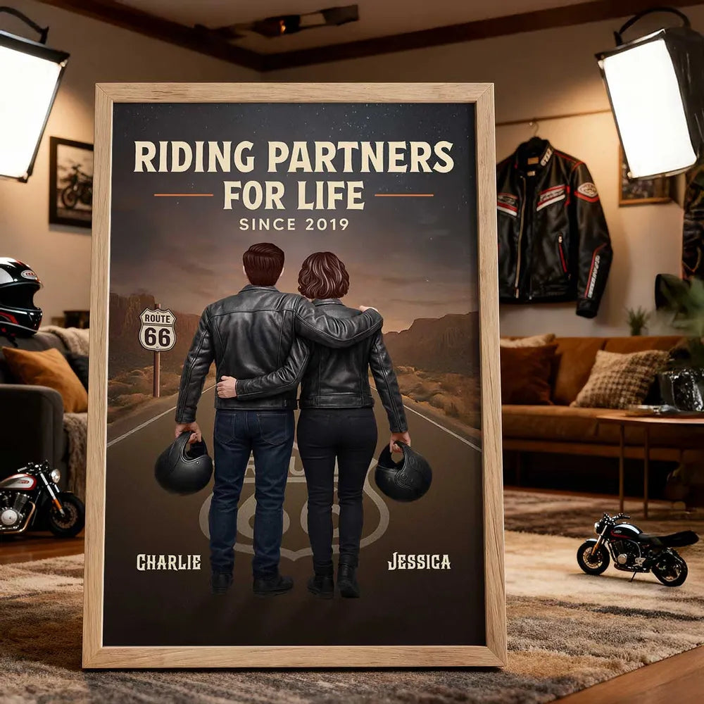 Personalized Biker Couple Poster, Riding Partners for Life Road Scene Wall Art, Unique Gift for Him & Her