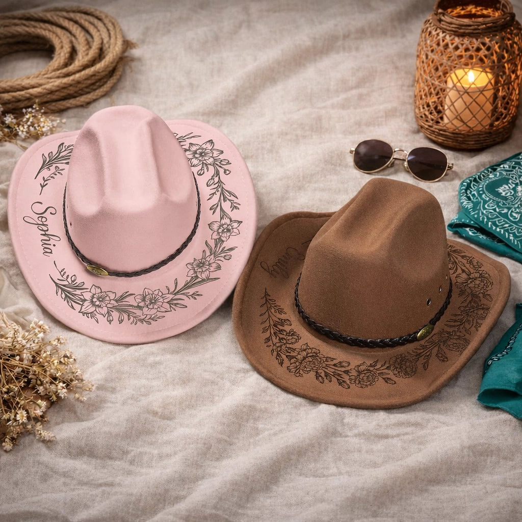 Personalized Birth Flower Wool Felt Cowboy Hat, Unique Creative Gift for Cowgirls