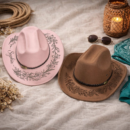 Personalized Birth Flower Wool Felt Cowboy Hat, Unique Creative Gift for Cowgirls