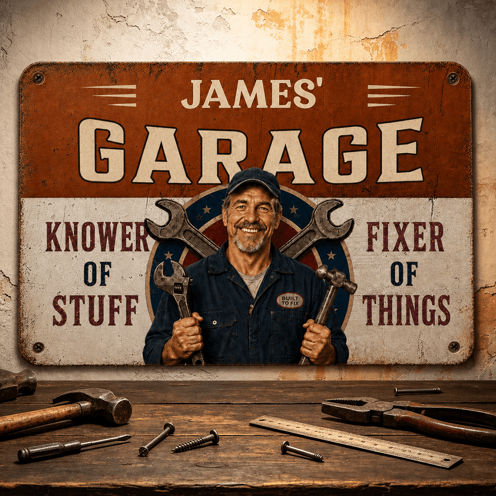 Personalized Mechanic Garage Sign with Custom Photo & Name, Rustic Metal Wall Decor, Gift for Dad, Grandpa or Handyman
