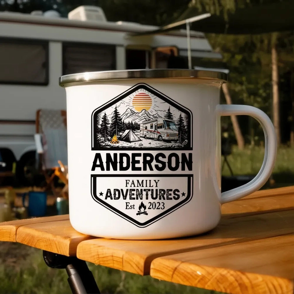 Personalized Enamel Mug with Mountain Camping Badge Design for Family Adventures, Unique Outdoor Gift for Travel Lovers